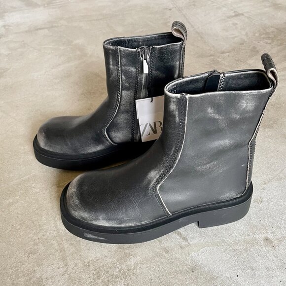 Zara Womens Chunky Sole Leather Zip Ankle Boot 38 - Picture 5 of 11